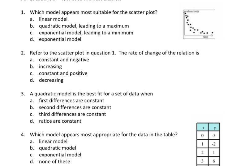 1. Which model appears most suitable for the scatter plot?
a. linear model
b. quadratic model, leading to a maximum
c. exponential model, leading to a minimum
d. exponential model
ctivity
2. Refer to the scatter plot in question 1. The rate of change of the relation is
a. constant and negative
b. increasing
c. constant and positive
d. decreasing
3. A quadratic model is the best fit for a set of data when
a. first differences are constant
b. second differences are constant
c. third differences are constant
d. ratios are constant
4. Which model appears most appropriate for the data in the table?
a. linear model
b. quadratic model
c. exponential model
d. none of these
x
y
0-3
1-2
2
3.
-
9