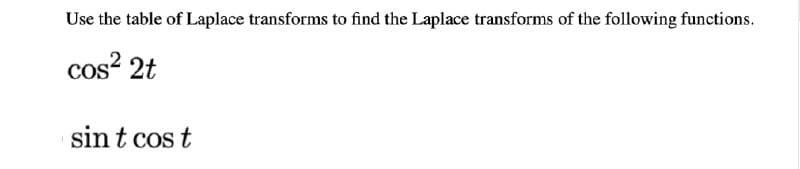 Use the table of Laplace transforms to find the Laplace transforms of the following functions.
cos² 2t
sint cost