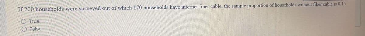 If 200 households were surveyed out of which 170 households have internet fiber cable, the sample proportion of households without fiber cable is 0.15
True
False