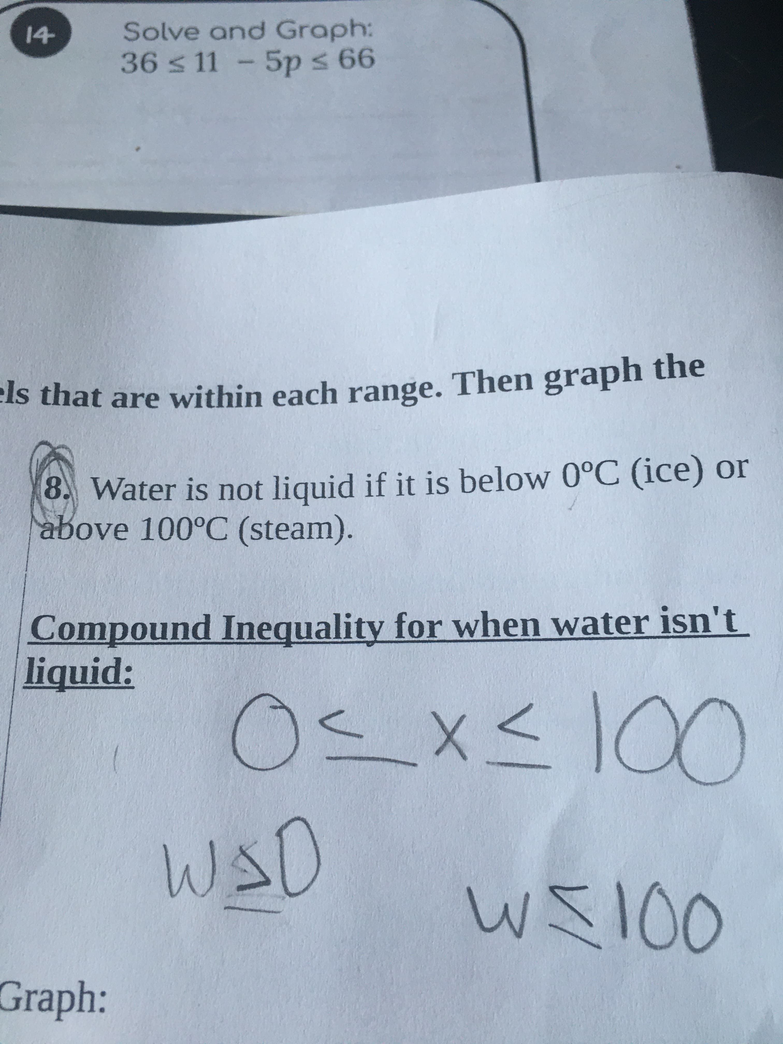 8. Water is not liquid if it is below 0°C (ice) or
above 100°C (steam).
Compound Inequality for when water isn't
liquid:
