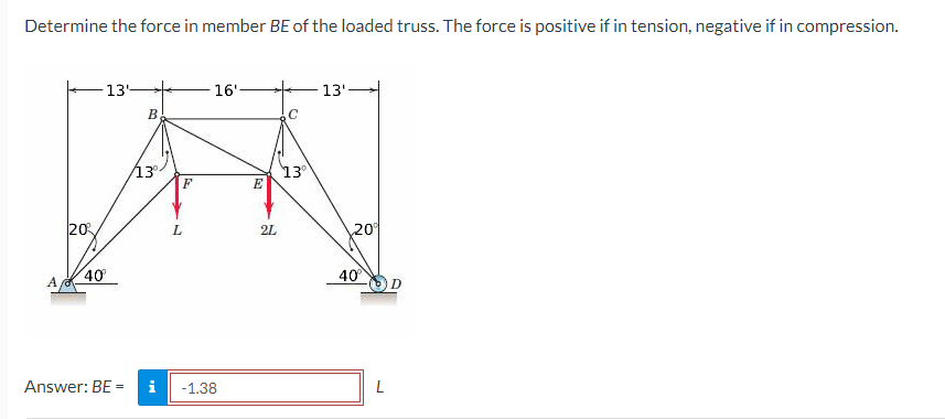 Determine the force in member BE of the loaded truss. The force is positive if in tension, negative if in compression.
13-
16'
13'
B
13
F
13
E
20
2L
20
40
40
Answer: BE =
i
-1.38
L
