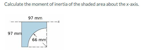 Calculate the moment of inertia of the shaded area about the x-axis.
97 mm
97 mm
66 mm
