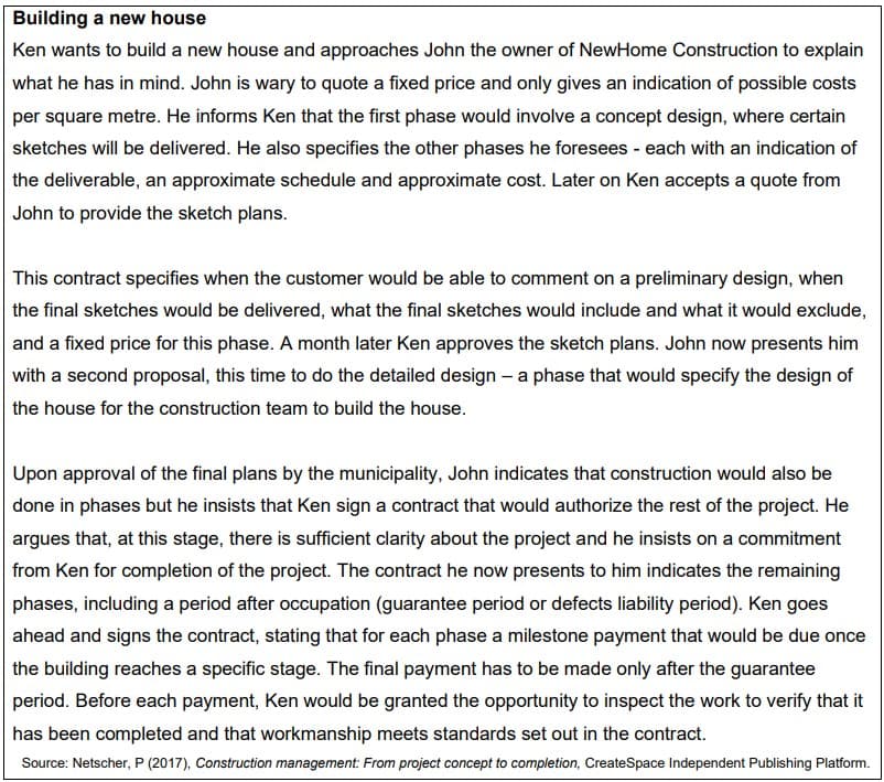 Building a new house
Ken wants to build a new house and approaches John the owner of NewHome Construction to explain
what he has in mind. John is wary to quote a fixed price and only gives an indication of possible costs
per square metre. He informs Ken that the first phase would involve a concept design, where certain
sketches will be delivered. He also specifies the other phases he foresees - each with an indication of
the deliverable, an approximate schedule and approximate cost. Later on Ken accepts a quote from
John to provide the sketch plans.
This contract specifies when the customer would be able to comment on a preliminary design, when
the final sketches would be delivered, what the final sketches would include and what it would exclude,
and a fixed price for this phase. A month later Ken approves the sketch plans. John now presents him
with a second proposal, this time to do the detailed design - a phase that would specify the design of
the house for the construction team to build the house.
Upon approval of the final plans by the municipality, John indicates that construction would also be
done in phases but he insists that Ken sign a contract that would authorize the rest of the project. He
argues that, at this stage, there is sufficient clarity about the project and he insists on a commitment
from Ken for completion of the project. The contract he now presents to him indicates the remaining
phases, including a period after occupation (guarantee period or defects liability period). Ken goes
ahead and signs the contract, stating that for each phase a milestone payment that would be due once
the building reaches a specific stage. The final payment has to be made only after the guarantee
period. Before each payment, Ken would be granted the opportunity to inspect the work to verify that it
has been completed and that workmanship meets standards set out in the contract.
Source: Netscher, P (2017), Construction management: From project concept to completion, CreateSpace Independent Publishing Platform.
