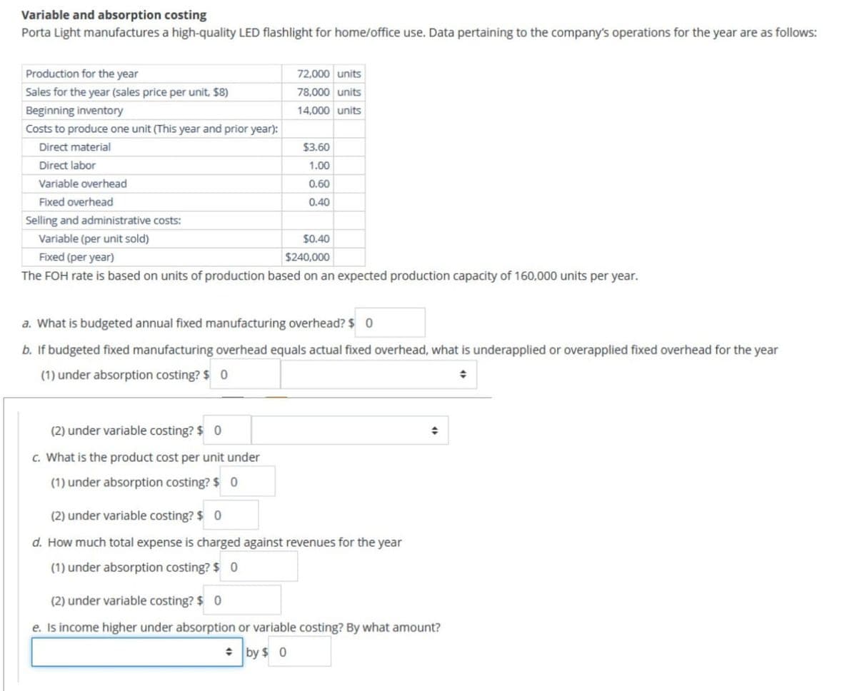 Variable and absorption costing
Porta Light manufactures a high-quality LED flashlight for home/office use. Data pertaining to the company's operations for the year are as follows:
Production for the year
Sales for the year (sales price per unit, $8)
Beginning inventory
Costs to produce one unit (This year and prior year):
Direct material
Direct labor
Variable overhead
Fixed overhead
72,000 units
78,000 units
14,000 units
$3.60
1.00
0.60
0.40
Selling and administrative costs:
Variable (per unit sold)
$0.40
$240,000
Fixed (per year)
The FOH rate is based on units of production based on an expected production capacity of 160,000 units per year.
(2) under variable costing? $ 0
c. What is the product cost per unit under
(1) under absorption costing? $ 0
a. What is budgeted annual fixed manufacturing overhead? $ 0
b. If budgeted fixed manufacturing overhead equals actual fixed overhead, what is underapplied or overapplied fixed overhead for the year
(1) under absorption costing? $ 0
÷
(2) under variable costing? $ 0
d. How much total expense is charged against revenues for the year
(1) under absorption costing? $ 0
◆
(2) under variable costing? $ 0
e. Is income higher under absorption or variable costing? By what amount?
by $ 0