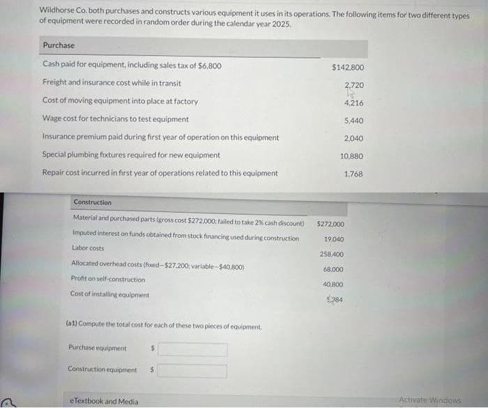 Wildhorse Co. both purchases and constructs various equipment it uses in its operations. The following items for two different types
of equipment were recorded in random order during the calendar year 2025.
Purchase
Cash paid for equipment, including sales tax of $6,800
Freight and insurance cost while in transit
Cost of moving equipment into place at factory
Wage cost for technicians to test equipment
Insurance premium paid during first year of operation on this equipment
Special plumbing fixtures required for new equipment
Repair cost incurred in first year of operations related to this equipment
Construction
Material and purchased parts (gross cost $272,000: failed to take 2% cash discount)
Imputed interest on funds obtained from stock financing used during construction
Labor costs
Allocated overhead costs (fixed-$27.200: variable-$40.800)
Profit on self-construction
Cost of installing equipment
(a1) Compute the total cost for each of these two pieces of equipment,
Purchase equipment
Construction equipment
eTextbook and Media
$
$
$142,800
258,400
2,720
4,216
68,000
5,440
10,880
2,040
$272,000
19,040
40.800
5.384
1,768
Activate Windows