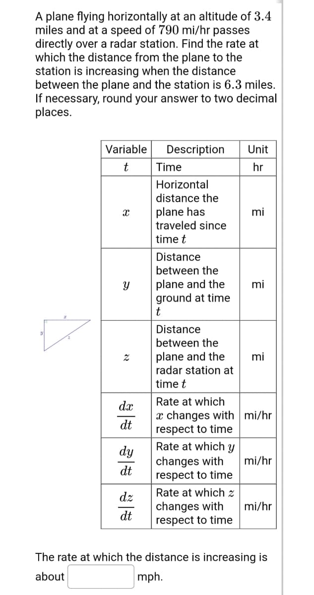 A plane flying horizontally at an altitude of 3.4
miles and at a speed of 790 mi/hr passes
directly over a radar station. Find the rate at
which the distance from the plane to the
station is increasing when the distance
between the plane and the station is 6.3 miles.
If necessary, round
your answer to two decimal
places.
Variable
Description
Unit
t
Time
hr
Horizontal
distance the
X
plane has
mi
traveled since
time t
Distance
between the
Y
mi
plane and the
ground at time
t
Distance
between the
Z
mi
plane and the
radar station at
time t
dx
Rate at which
x changes with mi/hr
dt
respect to time
Rate at which y
dy
changes with
mi/hr
dt
respect to time
Rate at which z
dz
changes with
mi/hr
dt
respect to time
The rate at which the distance is increasing is
about
mph.