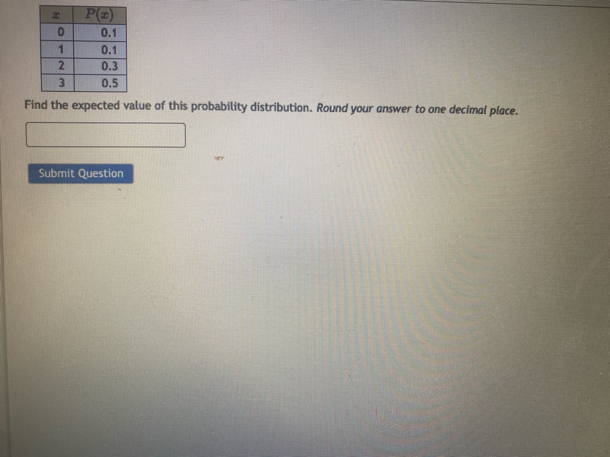 T
P(z)
0
1
2
3
Find the expected value of this probability distribution. Round your answer to one decimal place.
0.1
0.3
0.5
Submit Question