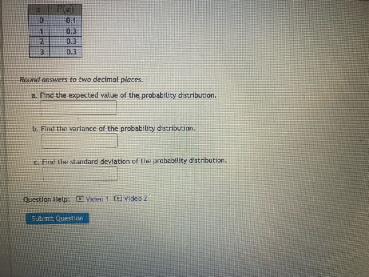 0
1
P(z)
0.1
0.3
0.3
Round answers to two decimal places.
a. Find the expected value of the probability distribution.
b. Find the variance of the probability distribution.
c. Find the standard deviation of the probability distribution.
Question Help: Video 1 Video 2
Submit Question