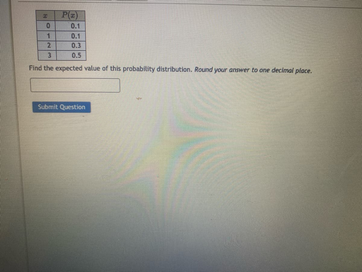 4H
0
1
P(z)
0.1
3
0.5
Find the expected value of this probability distribution. Round your answer to one decimal place.
Submit Question