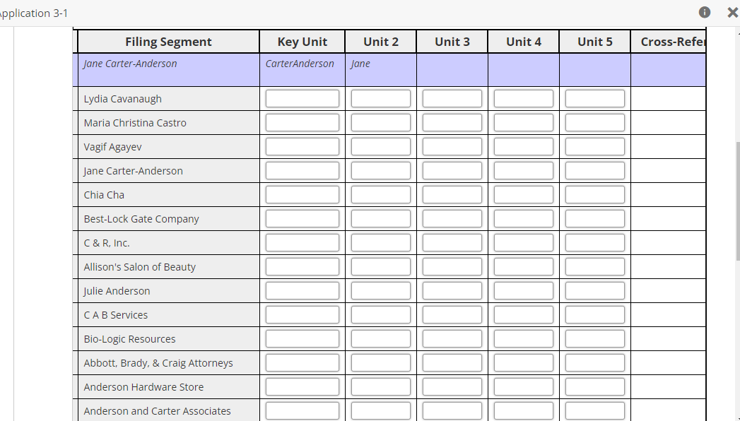 mpplication 3-1
Filing Segment
Key Unit
Unit 2
Unit 3
Unit 4
Unit 5
Cross-Refer
Jane Carter-Anderson
CarterAnderson
Jane
Lydia Cavanaugh
Maria Christina Castro
Vagif Agayev
Jane Carter-Anderson
Chia Cha
Best-Lock Gate Company
C & R, Inc.
Allison's Salon of Beauty
Julie Anderson
CAB Services
Bio-Logic Resources
Abbott, Brady, & Craig Attorneys
Anderson Hardware Store
Anderson and Carter Associates
