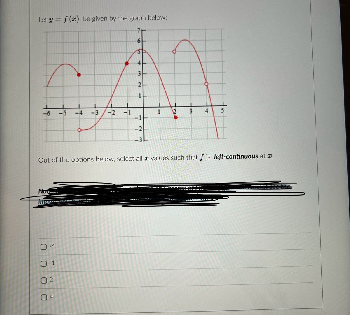 Let y = f(x) be given by the graph below:
-6 -5
-3
-4
Not
Image wall May
0-4
0-1
02
04
-2 -1
7
n
4
3
2
1
T
1
T
2
-
12
3
Out of the options below, select all x values such that f is left-continuous at
4
MAN
5
wokerto