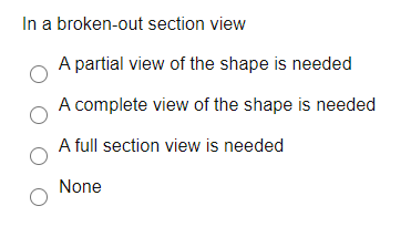 In a broken-out section view
A partial view of the shape is needed
A complete view of the shape is needed
A full section view is needed
None
