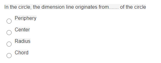 In the circle, the dimension line originates from.. of the circle
Periphery
Center
Radius
Chord
