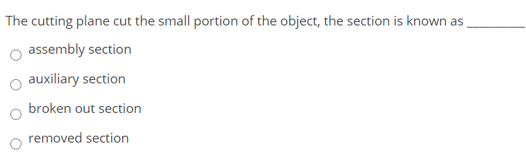 The cutting plane cut the small portion of the object, the section is known as
o assembly section
o auxiliary section
broken out section
removed section
