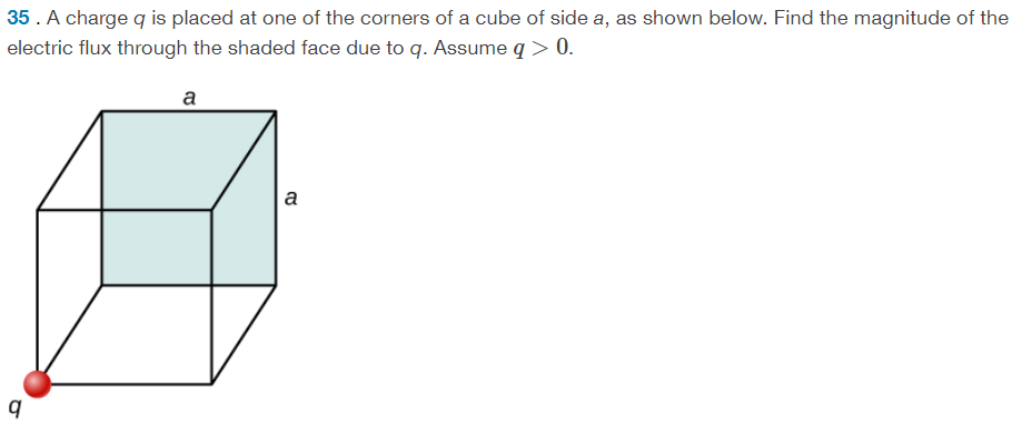 35. A charge q is placed at one of the corners of a cube of side a, as shown below. Find the magnitude of the
electric flux through the shaded face due to q. Assume q > 0.
a
a
