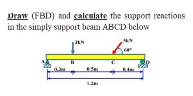 Draw (FBD) and calculate the support reactions
in the simply support beam ABCD below
0.3m
B
3kN
0.5m
1.2m
5kN
Lo
**
60⁰
0.4m