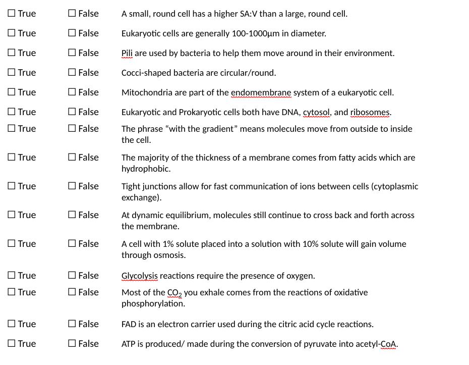 O True
O False
A small, round cell has a higher SA:V than a large, round cell.
O True
O False
Eukaryotic cells are generally 100-1000µm in diameter.
O True
O False
Pili are used by bacteria to help them move around in their environment.
O True
O False
Cocci-shaped bacteria are circular/round.
O True
O False
Mitochondria are part of the endomembrane system of a eukaryotic cell.
O True
O False
Eukaryotic and Prokaryotic cells both have DNA, cytosol, and ribosomes.
O True
O False
The phrase "with the gradient" means molecules move from outside to inside
the cell.
O True
O False
The majority of the thickness of a membrane comes from fatty acids which are
hydrophobic.
O True
O False
Tight junctions allow for fast communication of ions between cells (cytoplasmic
exchange).
O True
O False
At dynamic equilibrium, molecules still continue to cross back and forth across
the membrane.
O True
O False
A cell with 1% solute placed into a solution with 10% solute will gain volume
through osmosis.
O True
O True
O False
O False
Glycolysis reactions require the presence of oxygen.
Most of the CO, you exhale comes from the reactions of oxidative
phosphorylation.
O True
O False
FAD is an electron carrier used during the citric acid cycle reactions.
O True
O False
ATP is produced/ made during the conversion of pyruvate into acetyl-COA.
