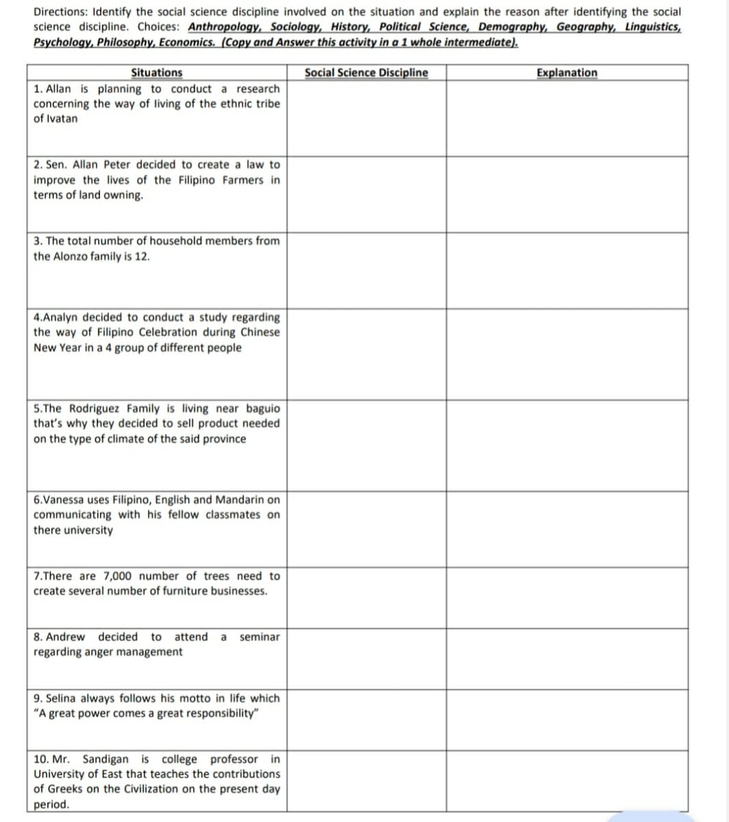 Directions: Identify the social science discipline involved on the situation and explain the reason after identifying the social
science discipline. Choices: Anthropology, Sociology, History, Political Science, Demography, Geography, Linguistics,
Psychology, Philosophy, Economics. (Copy and Answer this activity in a 1 whole intermediate).
Social Science Discipline
Situations
1. Allan is planning to conduct a research
concerning the way of living of the ethnic tribe
of Ivatan
2. Sen. Allan Peter decided to create a law to
improve the lives of the Filipino Farmers in
terms of land owning.
3. The total number of household members from
the Alonzo family is 12.
4.Analyn decided to conduct a study regarding
the way of Filipino Celebration during Chinese
New Year in a 4 group of different people
5.The Rodriguez Family is living near baguio
that's why they decided to sell product needed
on the type of climate of the said province
6.Vanessa uses Filipino, English and Mandarin on
communicating with his fellow classmates on
there university
7.There are 7,000 number of trees need to
create several number of furniture businesses.
8. Andrew decided to attend a seminar
regarding anger management
9. Selina always follows his motto in life which
"A great power comes a great responsibility"
10. Mr. Sandigan is college professor in
University of East that teaches the contributions
of Greeks on the Civilization on the present day
period.
Explanation