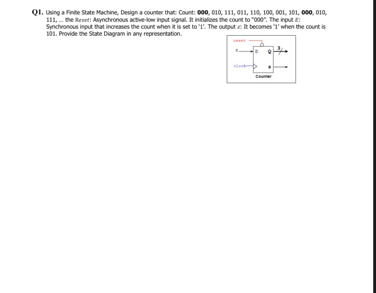 Q1. Using a Finite State Machine, Design a counter that: Count: 000, 010, 111, 011, 110, 100, 001, 101, 000, 010,
111, .. the Reset: Asynchronous active-low input signal. It initializes the count to "000". The input E:
Synchronous input that increases the count when it is set to '1'. The output z: It becomes '1' when the count is
101. Provide the State Diagram in any representation.
reset
E.
clock
Counter
