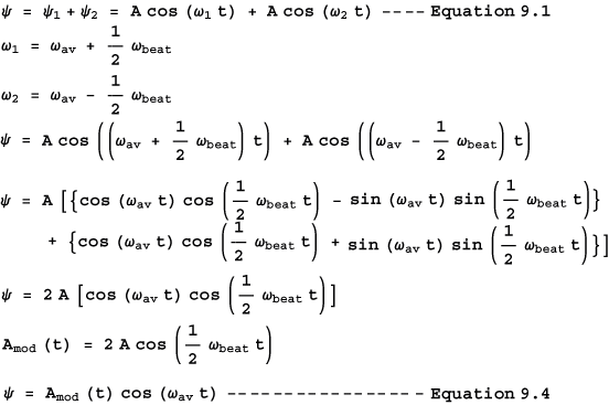 V = 1 + 2
= A cos (w1 t) + A cos (wz t) ---- Equation 9.1
%3D
1
Wbeat
2
W1 = Way +
-
w2 = Wav
Wbeat
1
1
V = A cOS
Wav
Wbeat
+ A CoS
Wav
Wbeat
+
= A [{cos (Way t) cos
Wpeat t
sin (way t) sin
Wbeat
2
1
{cos (wav t) cos
Wbeat t
+ sin (way t) sin
Wbeat t}|
V = 2 A cos (wav t) cos
Wbeat
2
-
(금
1
Wbeat
2
Amod (t) = 2 A cos
= Amod (t) cos (Wav t)
Equation 9.4
-----
