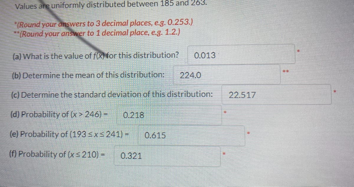 Values are uniformly distributed between 185 and 263.
*(Round your answers to 3 decimal places, e.g. 0.253.)
**(Round your answer to 1 decimal place, e.g. 1.2.)
(a) What is the value of f(x) for this distribution?
(b) Determine the mean of this distribution: 224.0
(c) Determine the standard deviation of this distribution:
(d) Probability of (x > 246) = 0.218
(e) Probability of (193 ≤x≤ 241) = 0.615
(f) Probability of (x ≤210) = 0.321
0.013
22.517
****