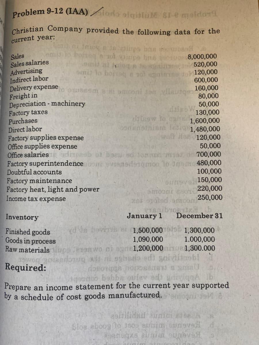 Problem 9-12 (IAA)iodo alqisiuM SI-e moldo
Christian Company provided the following data for the
current year:
Sales
Sales salaries
Advertising
Indirect labor
Delivery expense
Freight in
Intog s
iups bas
botasq
pe bné
mi lo borrog 8 10 again
6690
Depreciation - machinery
Factory taxes
Purchases
Direct labor
Factory supplies expense
Office supplies expense
Office salaries adi
Factory superintendence
Doubtful accounts
600,000
160,000
80,000
50,000
130,000
1,600,000
1,480,000
wolf Has 120,000
50,000
of beaued joand ma to 700,000
svianedergmoo 10 nm 480,000
100,000
Factory maintenance
Factory heat, light and power
Income tax expense
e emooni on leute
dais
dalesw to
Donansinisin
8,000,000
520,000
120,000
Sungvon 150,000
amosar cao 220,000
250,000
xat groted
January 1
yd is boviris er 1,500,000
1,090,000
BOX
December 31
Inventory
Finished goods
Goods in process
Raw materials ups anwo ni agre1,200,000
olapriorug att ni sybaris edt gni
Required:
dosongs nois as s
gesdoo babbe oufey on gaiviqqA
Prepare an income statement for the current year supported
by a schedule of cost goods manufactured.
1,300,000
1,000,000
pe 1,300.000
esitiidsil aunia be
Blog aboog to 3800 aunimunova
dearugas enim eunevenl