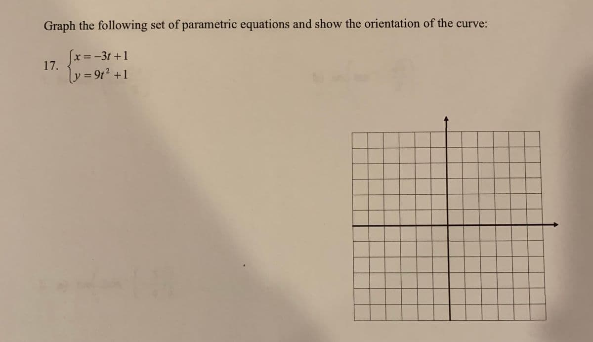 Graph the following set of parametric equations and show the orientation of the curve:
x=-3t +1
17.
%3D
y = 9t? +1
