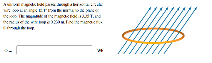 A uniform magnetic field passes through a horizontal circular
wire loop at an angle 15.1° from the normal to the plane of
the loop. The magnitude of the magnetic field is 3.35 T, and
the radius of the wire loop is 0.230 m. Find the magnetic flux
O through the loop.
Wb
