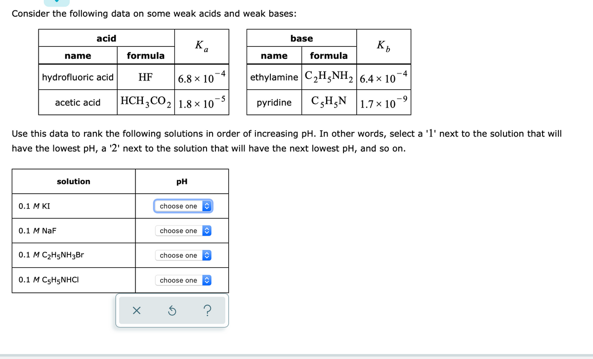 Consider the following data on some weak acids and weak bases:
acid
base
Ка
K,
name
formula
name
formula
-4
6.8 x 10
ethylamine C,H,NH, 6.4× 10
-4
hydrofluoric acid
HF
HCH,CO2 1.8 ×x 10
CH;N |1.7× 10
-5
acetic acid
pyridine
1.7 x 10
Use this data to rank the following solutions in order of increasing pH. In other words, select a 'l' next to the solution that will
have the lowest pH, a '2' next to the solution that will have the next lowest pH, and so on.
solution
pH
0.1 М KI
choose one
0.1 M NaF
choose one
0.1 М C2HsNHзBr
choose one
0.1 M C5H5NHCI
choose one
