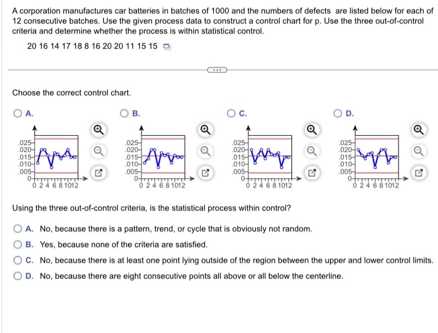 A corporation manufactures car batteries in batches of 1000 and the numbers of defects are listed below for each of
12 consecutive batches. Use the given process data to construct a control chart for p. Use the three out-of-control
criteria and determine whether the process is within statistical control.
20 16 14 17 18 8 16 20 20 11 15 15
Choose the correct control chart.
O A.
025-
.020-
.015-
010-
.005-
0
Aps
0 2 4 6 8 1012
3
...
B.
C.
025-
020-
025-
020-
.015-
010-
.005-
.015-
jis go
010-
ਹੈ ਹੈ
.005
0mm
0m
0 2 4 6 8 1012
0 24681012
Using the three out-of-control criteria, is the statistical process within control?
A. No, because there is a pattern, trend, or cycle that is obviously not random.
B. Yes, because none of the criteria are satisfied.
D.
.025-
.020-
.015-
.005-
OTT
0 2 4 6 8 1012
다
OC. No, because there is at least one point lying outside of the region between the upper and lower control limits.
O D. No, because there are eight consecutive points all above or all below the centerline.