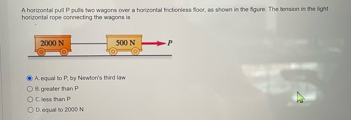 A horizontal pull P pulls two wagons over a horizontal frictionless floor, as shown in the figure. The tension in the light
horizontal rope connecting the wagons is
2000 N
500 N
O A. equal to P, by Newton's third law
OB. greater than P
OC. less than P
O D. equal to 2000 N