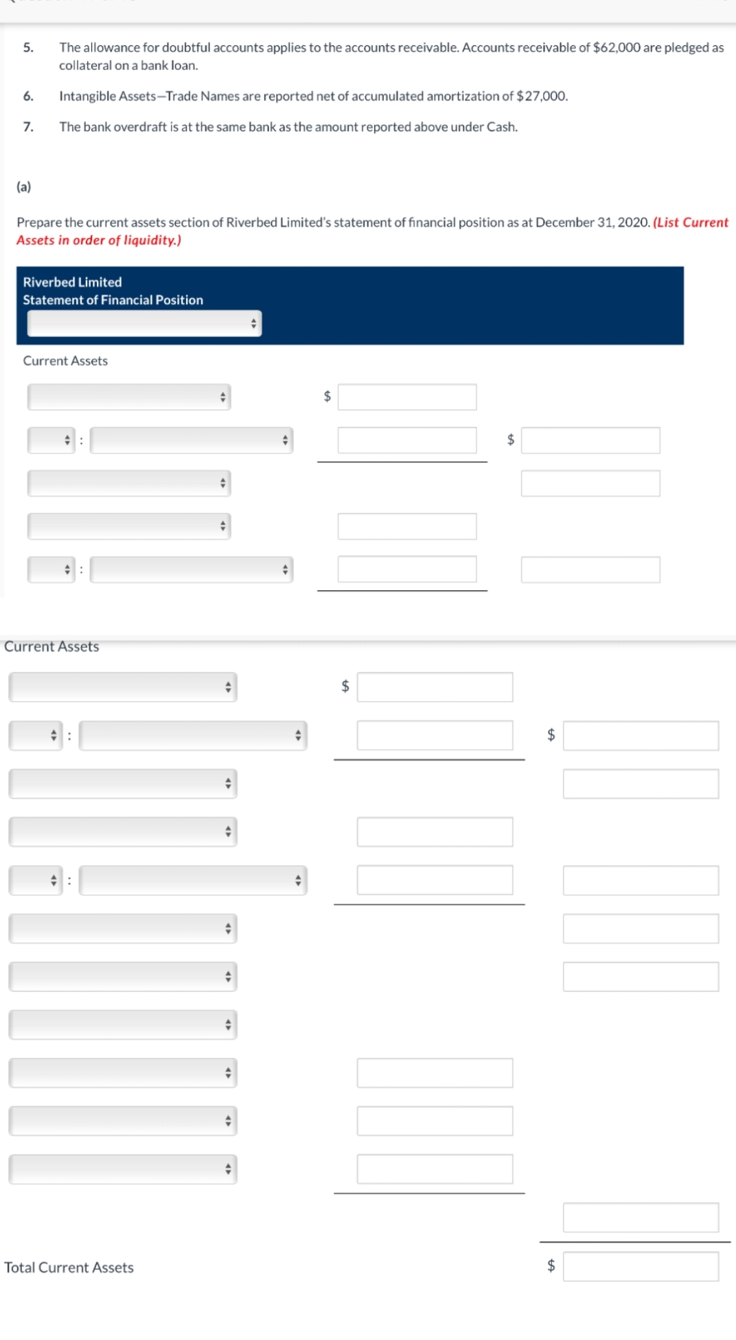 5.
The allowance for doubtful accounts applies to the accounts receivable. Accounts receivable of $62,000 are pledged as
collateral on a bank loan.
6.
Intangible Assets-Trade Names are reported net of accumulated amortization of $27,000.
7.
The bank overdraft is at the same bank as the amount reported above under Cash.
(a)
Prepare the current assets section of Riverbed Limited's statement of financial position as at December 31, 2020. (List Current
Assets in order of liquidity.)
Riverbed Limited
Statement of Financial Position
Current Assets
2$
Current Assets
2$
$
수 :
Total Current Assets
2$
