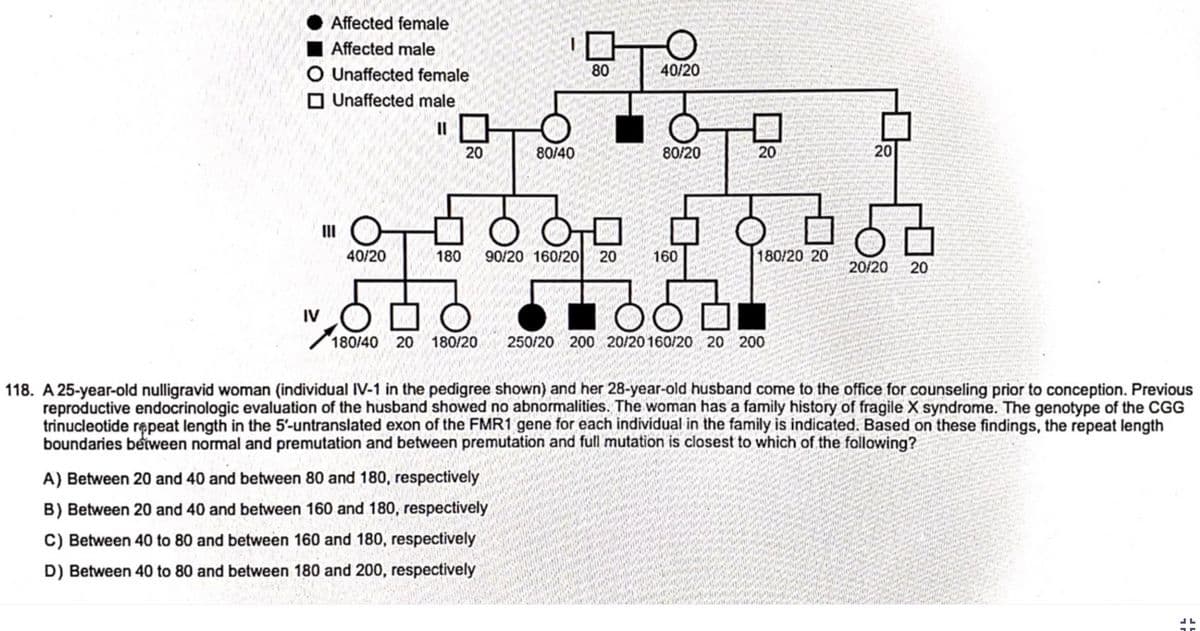 Affected female
Affected male
O Unaffected female
Unaffected male
11
IV
|||
O
40/20
20
80/40
80
OOT
180 90/20 160/20 20
A) Between 20 and 40 and between 80 and 180, respectively
B) Between 20 and 40 and between 160 and 180, respectively
C) Between 40 to 80 and between 160 and 180, respectively
D) Between 40 to 80 and between 180 and 200, respectively
O
40/20
80/20
160
Wint
Matty Mariant
20
180/20 20
180/40 20 180/20 250/20 200 20/20 160/20 20 200
20
arches s
20/20 20
simp
ww
byern
118. A 25-year-old nulligravid woman (individual IV-1 in the pedigree shown) and her 28-year-old husband come to the office for counseling prior to conception. Previous
reproductive endocrinologic evaluation of the husband showed no abnormalities. The woman has a family history of fragile X syndrome. The genotype of the CGG
trinucleotide repeat length in the 5'-untranslated exon of the FMR1 gene for each individual in the family is indicated. Based on these findings, the repeat length
boundaries between normal and premutation and between premutation and full mutation is closest to which of the following?
Pagin
##