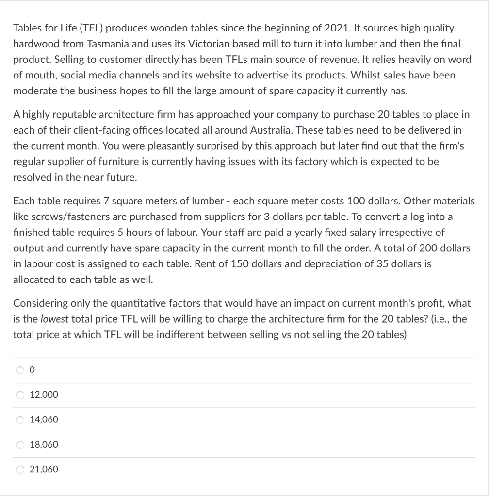Tables for Life (TFL) produces wooden tables since the beginning of 2021. It sources high quality
hardwood from Tasmania and uses its Victorian based mill to turn it into lumber and then the final
product. Selling to customer directly has been TFLs main source of revenue. It relies heavily on word
of mouth, social media channels and its website to advertise its products. Whilst sales have been
moderate the business hopes to fill the large amount of spare capacity it currently has.
A highly reputable architecture firm has approached your company to purchase 20 tables to place in
each of their client-facing offices located all around Australia. These tables need to be delivered in
the current month. You were pleasantly surprised by this approach but later find out that the firm's
regular supplier of furniture is currently having issues with its factory which is expected to be
resolved in the near future.
Each table requires 7 square meters of lumber - each square meter costs 100 dollars. Other materials
like screws/fasteners are purchased from suppliers for 3 dollars per table. To convert a log into a
finished table requires 5 hours of labour. Your staff are paid a yearly fixed salary irrespective of
output and currently have spare capacity in the current month to fill the order. A total of 200 dollars
in labour cost is assigned to each table. Rent of 150 dollars and depreciation of 35 dollars is
allocated to each table as well.
Considering only the quantitative factors that would have an impact on current month's profit, what
is the lowest total price TFL will be willing to charge the architecture firm for the 20 tables? (i.e., the
total price at which TFL will be indifferent between selling vs not selling the 20 tables)
0
O 12,000
O 14,060
O 18,060
21,060