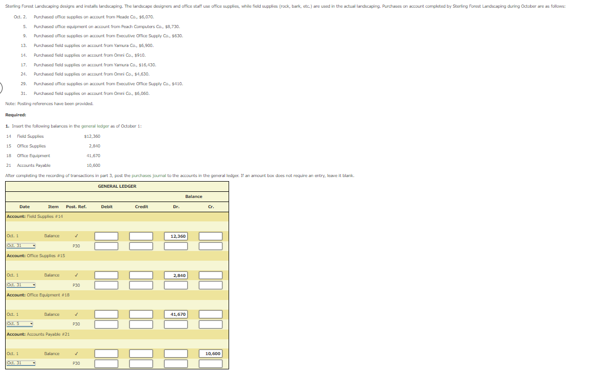 Sterling Forest Landscaping designs and installs landscaping. The landscape designers and office staff use office supplies, whille field supplies (rock, bark, etc.) are used in the actual landscaping. Purchases on account completed by Sterling Forest Landscaping during October are as follows:
Oct. 2.
Purchased office supplies on account from Meade Co., $6,070.
5.
Purchased office equipment on account from Peach Computers Co., $8,730.
9.
Purchased office supplies on account from Executive Office Supply Co., $630.
13.
Purchased field supplies on account from Yamura Co., $6,900.
14.
Purchased field supplies on account from Omni Co., $910.
17.
Purchased field supplies on account from Yamura Co., s16,430.
24.
Purchased field supplies on account from Omni Co., $4,630.
29.
Purchased office supplies on account from Executive Office Supply Co., $410.
31.
Purchased field supplies on account from Omni Co., $6,060.
Note: Posting references have been provided.
Required:
1. Insert the following balances in the general ledger as of October 1:
Field Supplies
$12,360
14
15
office Supplies
2,840
18
Office Equipment
41,670
21
Accounts Payable
10,600
After completing the recording of transactions in part 3, post the purchases journal to the accounts in the general ledger. If an amount box does not require an entry, leave it blank.
GENERAL LEDGER
Balance
Date
Item Post. Ref.
Debit
Credit
Dr.
Cr.
Account: Field Supplies 14
Oct. 1
Balance
12,360
Oct. 31
P30
Account: Office Supplies #15
Oct. 1
Balance
2,840
Oct. 31
P30
Account: Office Equipment #18
Oct. 1
Balance
41,670
Oct. 5
P30
Account: AcCounts Payable #21
Oct. 1
Oct. 31
Balance
10,600
P30
