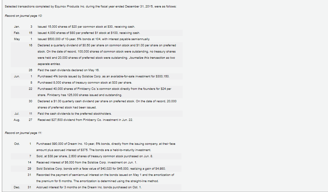 Selected transactions completed by Equinox Products Inc. during the fiscal year ended December 31, 20Y5, were as follows:
Record on joumal page 10:
Jan.
Issued 15,000 shares of $20 par common stock at $30, receiving cash.
Feb.
15
Issued 4,000 shares of $80 par preferred $1 stock at $100, receiving cash.
Мay
1
Issued $500,000 of 10-year, 5% bonds at 104, with interest payable semiannually.
16
Declared a quarterly dividend of $0.50 per share on common stock and $1.00 per share on preferred
stock. On the date of record, 100,000 shares of common stock were outstanding, no treasury shares
were held and 20,000 shares of preferred stock were outstanding. Journalize this transaction as two
separate entries.
26
Paid the cash dividends declared on May 18.
Jun.
1
Purchased 4% bonds issued by Solstice Corp. as an available-for-sale investment for $300,150.
Purchased 8,000 shares of treasury common stock at $33 per share.
22
Purchased 40,000 shares of Pinkberry Co.'s common stock directly from the founders for $24 per
share. Pinkberry has 125,000 shares issued and outstanding.
30
Declared a $1.00 quarterly cash dividend per share on preferred stock. On the date of record, 20,000
shares of preferred stock had been issued.
Jul.
11
Paid the cash dividends to the preferred stockholders.
Aug.
27
Received $27,500 dividend from Pinkberry Co. investment in Jun. 22.
Record on joumal page 11:
Oct.
1
Purchased $90,000 of Dream Inc. 10-year, 5% bonds, directly from the issuing company. at their face
amount plus accrued interest of $375. The bonds are a held-to-maturity investment.
7
Sold, at $38 per share, 2,600 shares of treasury common stock purchased on Jun. 8.
14
Received interest of $6,000 from the Solstice Corp. investment on Jun. 1.
29
Sold Solstice Corp. bonds with a face value of $40,020 for $45,000, realizing a gain of $4,980.
31
Recorded the payment of semiannual interest on the bonds issued on May 1 and the amortization of
the premium for 6 months. The amortization is determined using the straight-line method.
Dec.
31
Accrued interest for 3 months on the Dream Inc. bonds purchased on Oct. 1.
