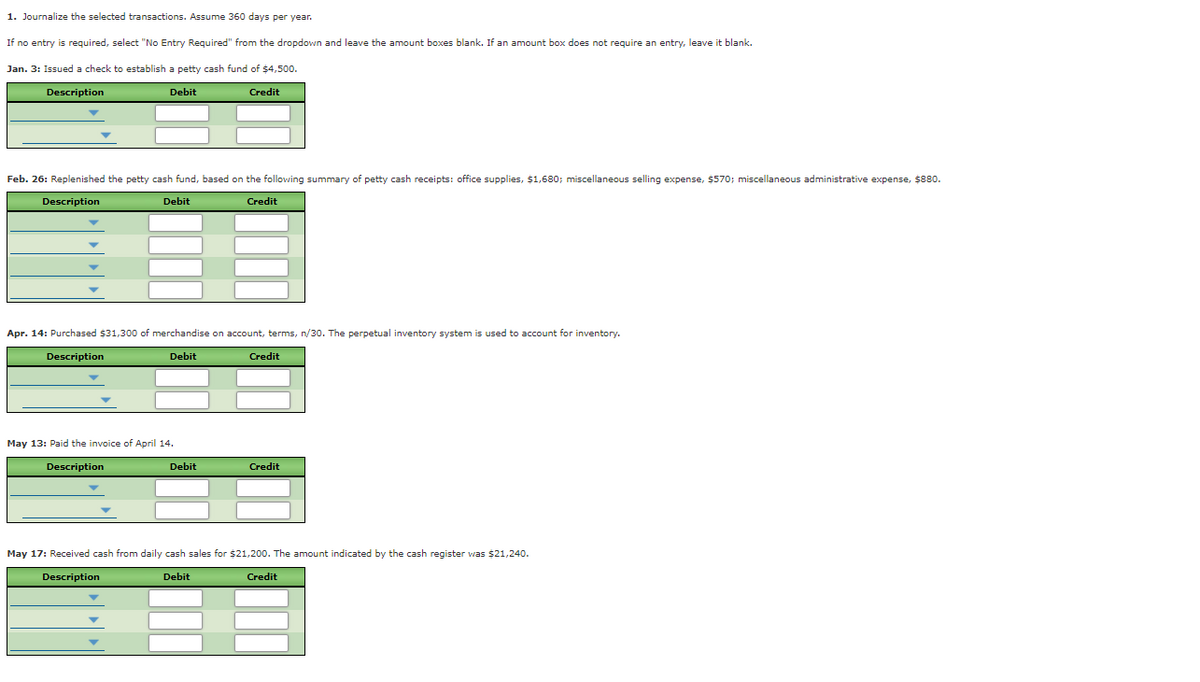 1. Journalize the selected transactions. Assume 360 days per year.
If no entry is required, select "No Entry Required" from the dropdown and leave the amount boxes blank. If an amount box does not require an entry, leave it blank.
Jan. 3: Issued a check to establish a petty cash fund of $4,500.
Description
Debit
Credit
Feb. 26: Replenished the petty cash fund, based on the following summary of petty cash receipts: office supplies, $1,680; miscellaneous selling expense, $570; miscellaneous administrative expense, $880.
Description
Debit
Credit
Apr. 14: Purchased $31,300 of merchandise on account, terms, n/30. The perpetual inventory system is used to account for inventory.
Description
Debit
Credit
May 13: Paid the invoice of April 14.
Description
Debit
Credit
May 17: Received cash from daily cash sales for $21,200. The amount indicated by the cash register was $21,240.
Description
Debit
Credit
