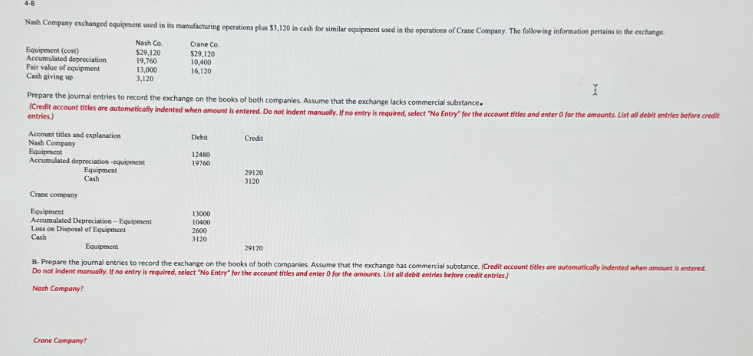 Nash Company exchanged equipment used in its manufacturing operations plus $3,120 in cash for similar equipment used in the operations of Crane Company. The following information pertains to the exchange
Nash Co
Crane Co
$29,120
$29,120
19,760
10,400
13,000
16,120
3,120
Equipment (cost)
Accumulated depreciation
Fair value of equipment
Cash giving up
I
Prepare the journal entries to record the exchange on the books of both companies. Assume that the exchange lacks commercial substance.
(Credit account titles are automatically indented when amount is entered. Do not indent manually. If no entry is required, select "No Entry" for the account titles and enter 0 for the amounts. List all debit entries before credit
entries.)
Account titles and explanation
Nash Company
Equipment
Accumulated depreciation equipment
Equipment
Cash
Debit
Crane Company?
12480
19760
Credit
Crane company
Equipment
Accumulated Depreciation-Equipment
Loss on Disposal of Equipment
Cash
Equipment
B. Prepare the journal entries to record the exchange on the books of both companies. Assume that the exchange has commercial substance. (Credit account titles are automatically indented when amount is entered.
Do not indent manually. If no entry is required, select "No Entry" for the account titles and enter 0 for the amounts List all debit entries before credit entries.)
Nash Company?
13000
10400
2600
3120
29120
3120
29120