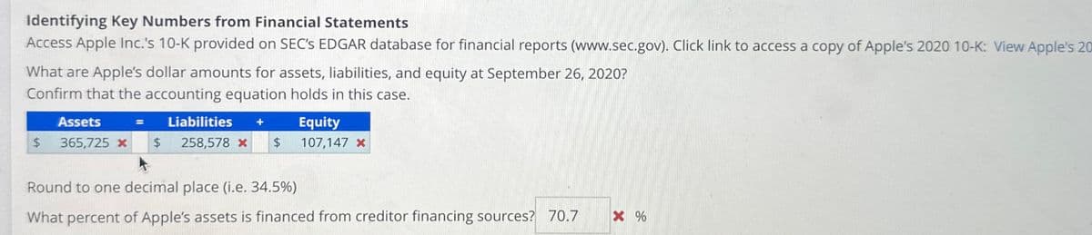 Identifying Key Numbers from Financial Statements
Access Apple Inc.'s 10-K provided on SEC's EDGAR database for financial reports (www.sec.gov). Click link to access a copy of Apple's 2020 10-K: View Apple's 201
What are Apple's dollar amounts for assets, liabilities, and equity at September 26, 2020?
Confirm that the accounting equation holds in this case.
$
Assets
365,725 x
Liabilities +
$ 258,578 * $
Equity
107,147 x
Round to one decimal place (i.e. 34.5%)
What percent of Apple's assets is financed from creditor financing sources? 70.7
X %