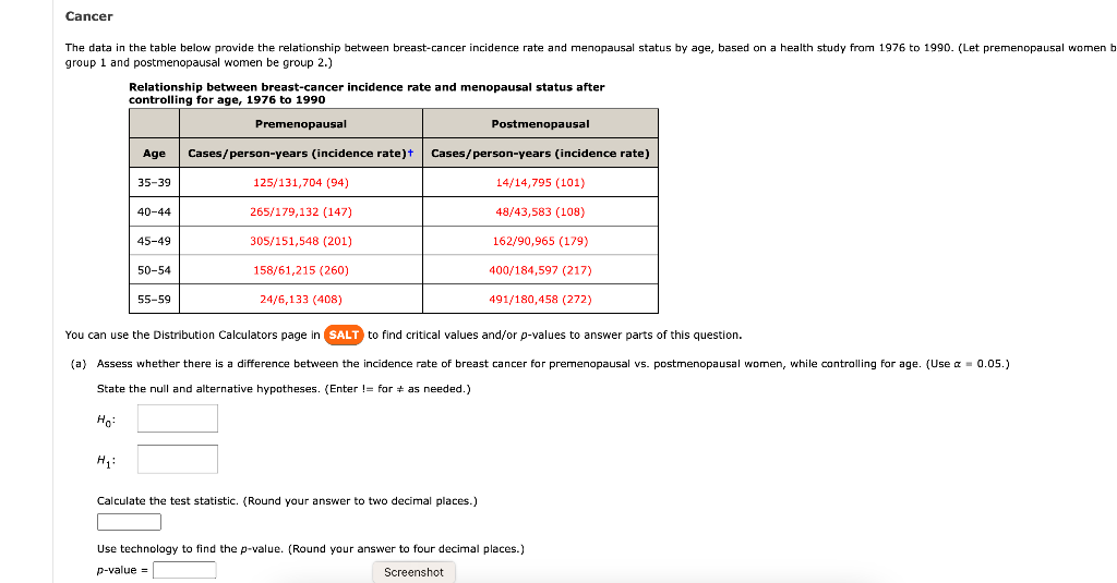 Cancer
The data in the table below provide the relationship between breast-cancer incidence rate and menopausal status by age, based on a health study from 1976 to 1990. (Let premenopausal women b
group 1 and postmenopausal women be group 2.)
Relationship between breast-cancer incidence rate and menopausal status after
controlling for age, 1976 to 1990
Premenopausal
H₁:
Age Cases/person-years (incidence rate) + Cases/person-years (incidence rate)
125/131,704 (94)
265/179,132 (147)
305/151,548 (201)
158/61,215 (260)
24/6,133 (408)
35-39
40-44
45-49
50-54
55-59
Postmenopausal
Calculate the test statistic. (Round your answer to two decimal places.)
14/14,795 (101)
48/43,583 (108)
You can use the Distribution Calculators page in SALT to find critical values and/or p-values to answer parts of this question.
(a) Assess whether there is a difference between the incidence rate of breast cancer for premenopausal vs. postmenopausal women, while controlling for age. (Use a = 0.05.)
State the null and alternative hypotheses. (Enter != for as needed.)
Ho:
162/90,965 (179)
400/184,597 (217)
491/180,458 (272)
Use technology to find the p-value. (Round your answer to four decimal places.)
p-value =
Screenshot