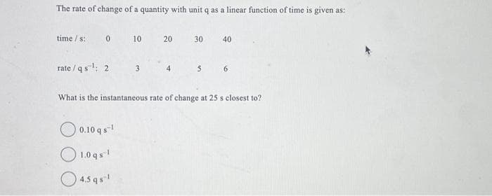 The rate of change of a quantity with unit q as a linear function of time is given as:
time/s: 0
rate/qs¹: 2.
10
0.10 qs-¹
1.0 gs¹
4.5 qs¹
3
20
4
30
5
40
6
What is the instantaneous rate of change at 25 s closest to?