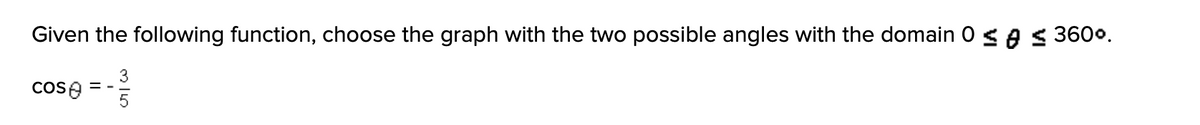 Given the following function, choose the graph with the two possible angles with the domain 0 < A S 360o.
3
cose = -
