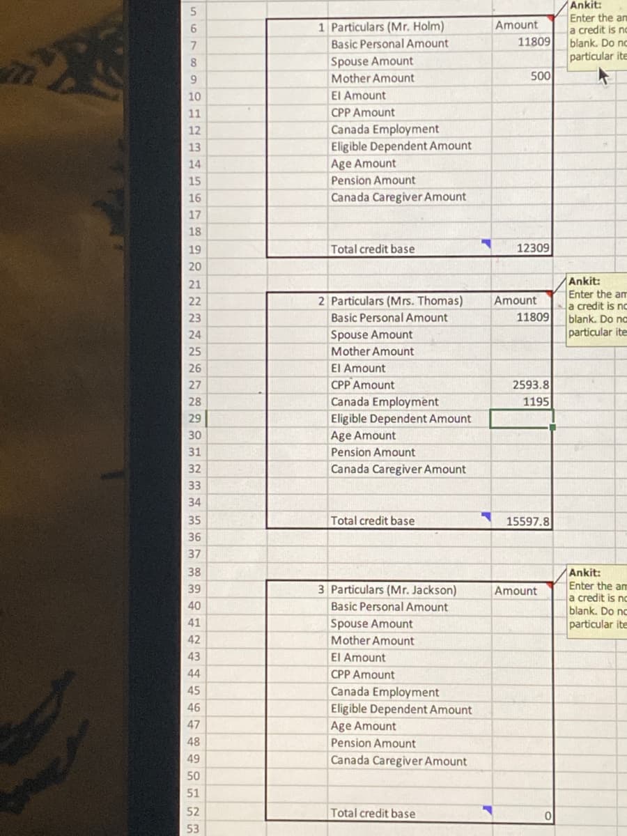 5
6
7
8
9
10
11
HABHERASANNA
12
13
14
15
16
17
18
19
20
21
22
23
24
25
26
27
28
29
30
31
32
33
34
35
36
37
38
39
40
41
42
43
44
45
46
47
48
49
50
51
52
53
1 Particulars (Mr. Holm)
Basic Personal Amount
Spouse Amount
Mother Amount
El Amount
CPP Amount
Canada Employment
Eligible Dependent Amount
Age Amount
Pension Amount
Canada Caregiver Amount
Total credit base
2 Particulars (Mrs. Thomas)
Basic Personal Amount
Spouse Amount
Mother Amount
El Amount
CPP Amount
Canada Employment
Eligible Dependent Amount
Age Amount
Pension Amount
Canada Caregiver Amount
Total credit base
3 Particulars (Mr. Jackson)
Basic Personal Amount
Spouse Amount
Mother Amount
El Amount
CPP Amount
Canada Employment
Eligible Dependent Amount
Age Amount
Pension Amount
Canada Caregiver Amount
Total credit base
Amount
11809
500
12309
Amount
11809
2593.8
1195
15597.8
Amount
Ankit:
Enter the an
a credit is no
blank. Do no
particular ite
W
Ankit:
Enter the am
a credit is nc
blank. Do na
particular ite
Ankit:
Enter the am
a credit is no
blank. Do nc
particular ite