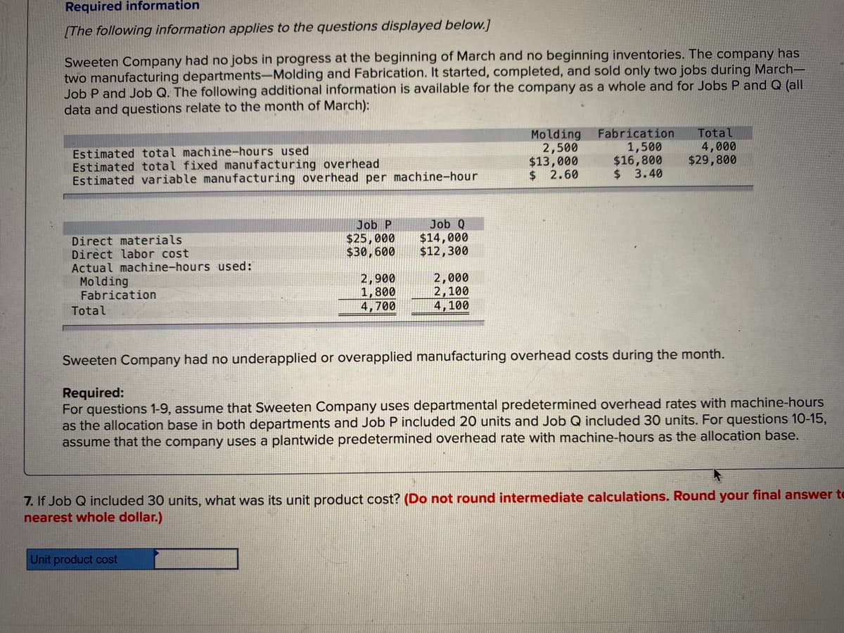 Required information
[The following information applies to the questions displayed below.]
Sweeten Company had no jobs in progress at the beginning of March and no beginning inventories. The company has
two manufacturing departments-Molding and Fabrication. It started, completed, and sold only two jobs during March-
Job P and Job Q. The following additional information is available for the company as a whole and for Jobs P and Q (all
data and questions relate to the month of March):
Estimated total machine-hours used
Estimated total fixed manufacturing overhead
Estimated variable manufacturing overhead per machine-hour
Direct materials
Direct labor cost
Actual machine-hours used:
Molding
Fabrication
Total
Job P
$25,000
$30,600
2,900
1,800
4,700
Unit product cost
Job Q
$14,000
$12,300
2,000
2,100
4,100
Molding
2,500
$13,000
$ 2.60
Fabrication
1,500
$16,800
$ 3.40
Total
4,000
$29,800
Sweeten Company had no underapplied or overapplied manufacturing overhead costs during the month.
Required:
For questions 1-9, assume that Sweeten Company uses departmental predetermined overhead rates with machine-hours
as the allocation base in both departments and Job P included 20 units and Job Q included 30 units. For questions 10-15,
assume that the company uses a plantwide predetermined overhead rate with machine-hours as the allocation base.
7. If Job Q included 30 units, what was its unit product cost? (Do not round intermediate calculations. Round your final answer te
nearest whole dollar.)