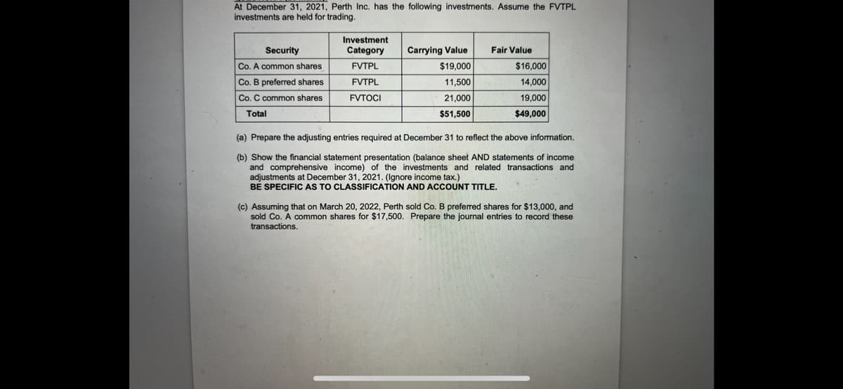 At December 31, 2021, Perth Inc. has the following investments. Assume the FVTPL
investments are held for trading.
Security
Co. A common shares
Co. B preferred shares
Co. C common shares
Total
Investment
Category
FVTPL
FVTPL
FVTOCI
Carrying Value
$19,000
11,500
21,000
$51,500
Fair Value
$16,000
14,000
19,000
$49,000
(a) Prepare the adjusting entries required at December 31 to reflect the above information.
(b) Show the financial statement presentation (balance sheet AND statements of income
and comprehensive income) of the investments and related transactions and
adjustments at December 31, 2021. (Ignore income tax.)
BE SPECIFIC AS TO CLASSIFICATION AND ACCOUNT TITLE.
(c) Assuming that on March 20, 2022, Perth sold Co. B preferred shares for $13,000, and
sold Co. A common shares for $17,500. Prepare the journal entries to record these
transactions.