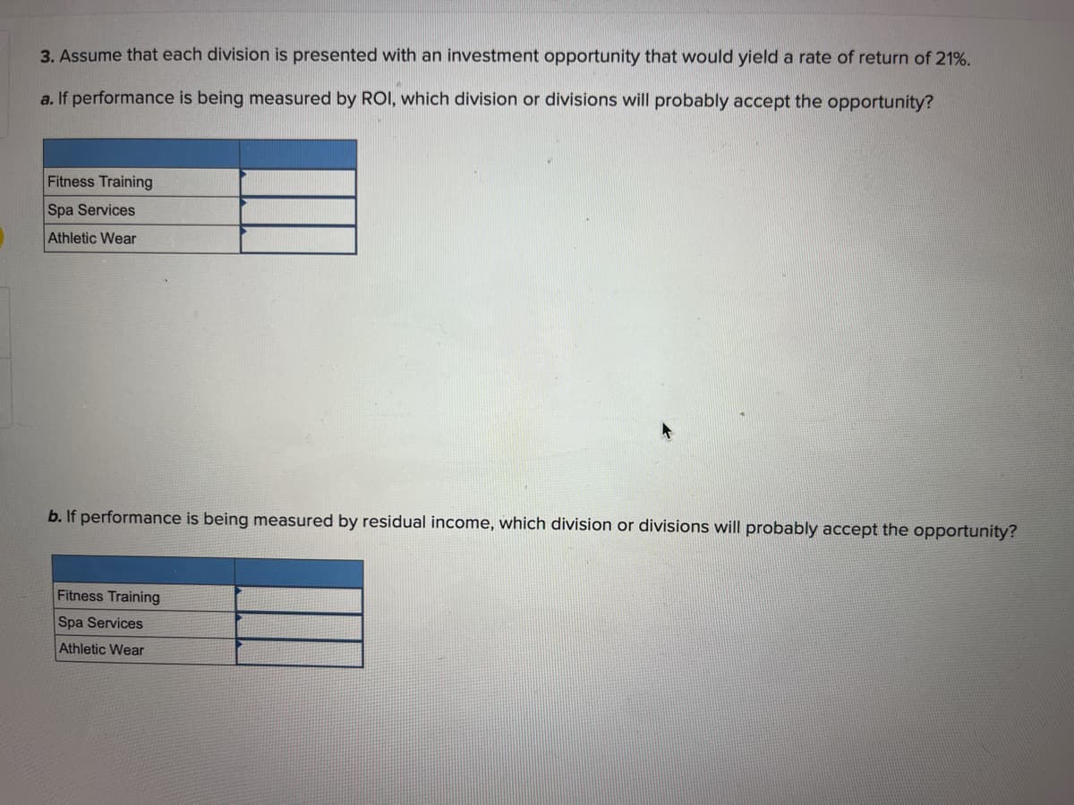 3. Assume that each division is presented with an investment opportunity that would yield a rate of return of 21%.
a. If performance is being measured by ROI, which division or divisions will probably accept the opportunity?
Fitness Training
Spa Services
Athletic Wear
b. If performance is being measured by residual income, which division or divisions will probably accept the opportunity?
Fitness Training
Spa Services
Athletic Wear