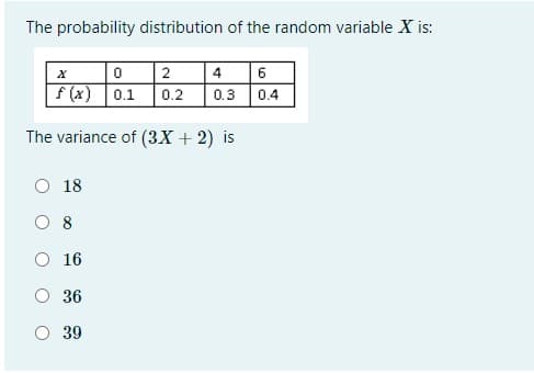 The probability distribution of the random variable X is:
4 6
0.3 0.4
2
f (x) 0.1
0.2
The variance of (3X + 2) is
O 18
O 8
O 16
O 36
39
