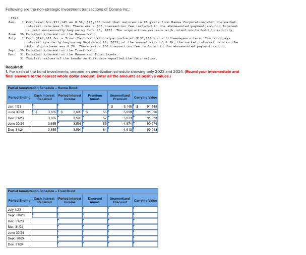 Following are the non-strategic Investment transactions of Corona Inc.:
2023
Jan.
1 Purchased for $91,145 an 8.58, 586,000 bond that matures in 20 years from anna Corporation when the market
interest rate was 7.98. There was a $50 transaction fee included in the above-noted payment amount. Interest
is paid semiannually beginning June 30, 2023. The acquisition vas made with intention to hold to maturity.
June 30 Received interest on the bond.
July 1 Paid $126,633 for a Trust Inc. bond with a par value of $131,000 and a fifteen-years ters. The bond pays
interest quarterly beginning September 30, 2023, at the annual rate of 8.38; the market interest rate on the
date of purchase was 8.7%. There was a $50 transaction fee included in the above-soted payment amount.
Sept. 30 Received interest on the Trust bond.
Dec. 31 Received interest on the lanna and Trust bonds.
31 The fair values of the bonds on this date equalled the fair values.
Required:
1. For each of the bond investments, prepare an amortization schedule showing only 2023 and 2024. (Round your intermediate and
final answers to the nearest whole dollar amount. Enter all the amounts as positive values.)
Partial Amortization Schedule-Hanna Bond:
Period Ending
Jan. 1/23
June 30/23
Dec. 31/23
June 3024
Dec. 31/24
Peried Ending
Cash Interest Period Interest Premium Unamortized
Received
Income
Amort.
Premium
July 1/23
Sept. 30/23
Dec. 31/23
Mar. 31/24
June 3024
Sept. 30/24
Dec. 31/24
$
3,656 $
3,656
3,656
3,656
Partial Amortization Schedule - Trust Bond:
Cash Interest Period Interest
Received Income
3,600 $
3,500
3,500
3,594
Discount
Amort.
56
57
59
61
$
Carrying Value
5,145 $
5,090
5,033
4,974
4,913
Unamortized
Discount
91,146
91,090
91,033
90,974
90,913
Carrying Value