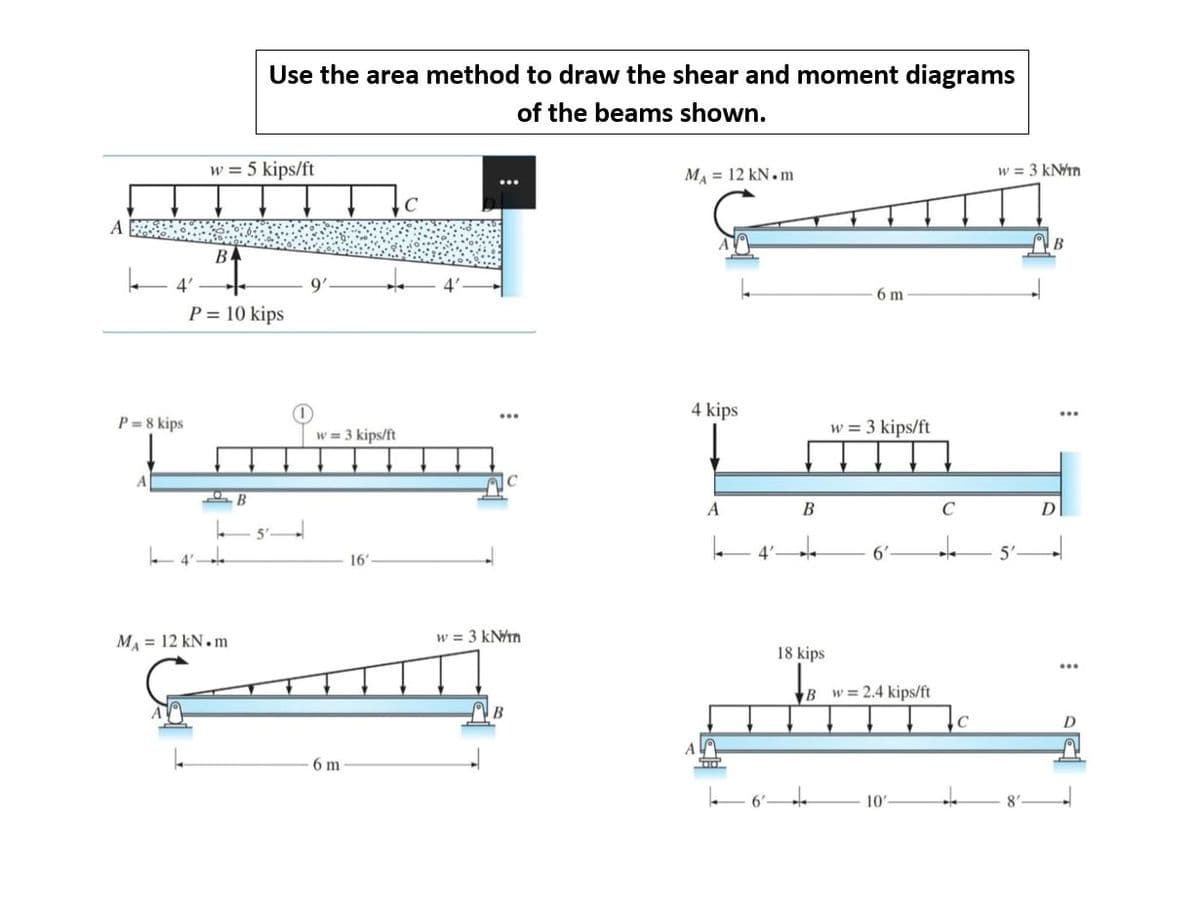 Use the area method to draw the shear and moment diagrams
of the beams shown.
w 5 kips/ft
MA = 12 kN. m
w = 3 kNin
B
BA
4'
6 m
P = 10 kips
4 kips
(1
w = 3 kips/ft
P = 8 kips
w = 3 kips/ft
В
C
D
5'
4'
6'
5'
16'
M = 12 kN. m
w = 3 kNin
18 kips
B w = 2.4 kips/ft
C
D
6 m
10
8'
