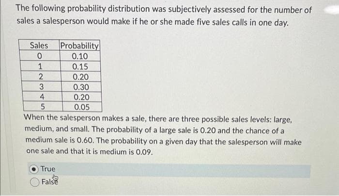 The following probability distribution was subjectively assessed for the number of
sales a salesperson would make if he or she made five sales calls in one day.
Sales
0
1
2
3
4
5
Probability
0.10
0.15
0.20
0.30
0.20
0.05
When the salesperson makes a sale, there are three possible sales levels: large,
medium, and small. The probability of a large sale is 0.20 and the chance of a
medium sale is 0.60. The probability on a given day that the salesperson will make
one sale and that it is medium is 0.09.
True
False